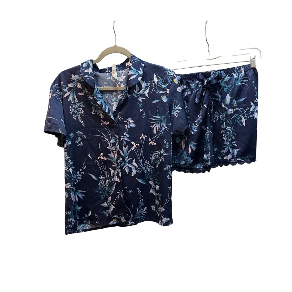 Flora Nikrooz Women’s Navy Floral Short Sleeve Lounge Pajama Set Sz Small 6/8
